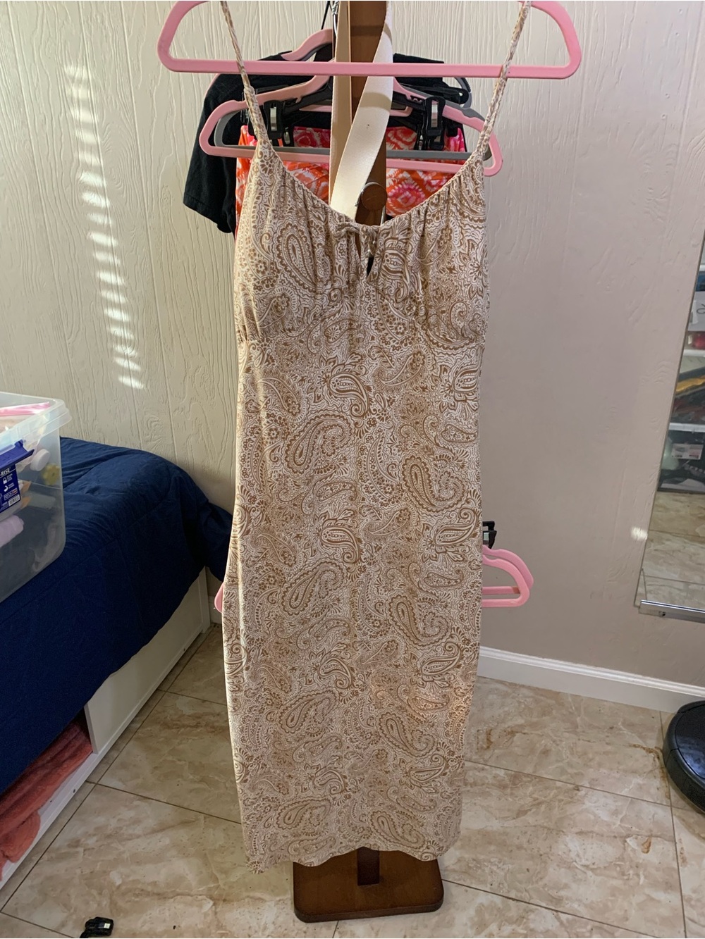 No Boundaries Beige Paisley Slip Dress with Spaghetti Straps